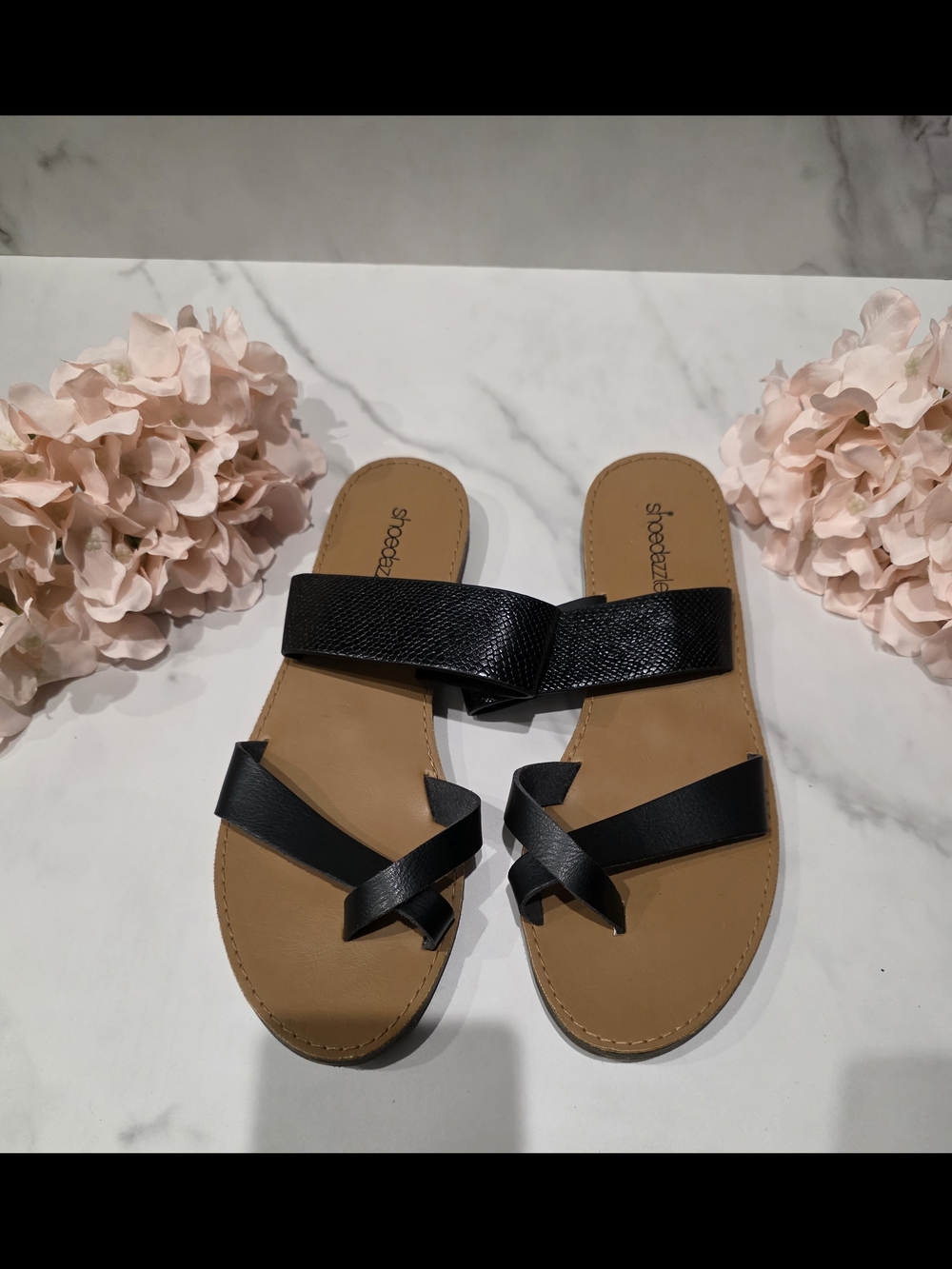 Shoe Dazzle - Black Textured Wide Strap & Cross-Toe Slide Sandals